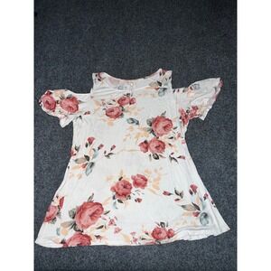 My Story Women White Floral Cold Shoulder Rose Print Short Sleeve Blouse Large